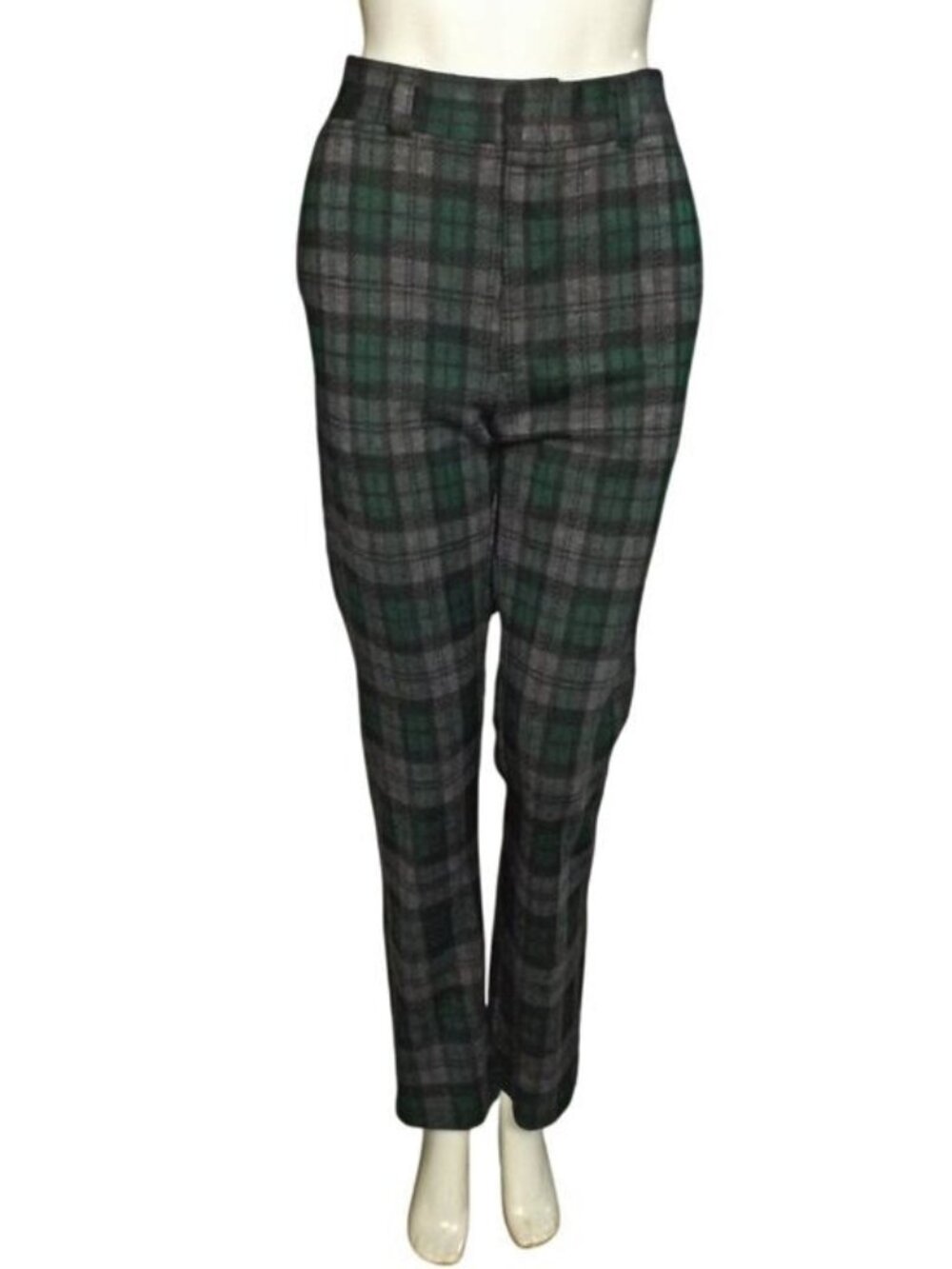 Vintage Green/Gray Plaid Pants, 31", Zipper/Clasp/Button, 4 Pockets, Washable